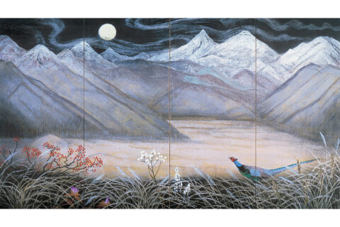 山本丘人 《鳥と風月》 1972年　131.0 × 231.7 cm　第36回新制作展　成川美術館蔵