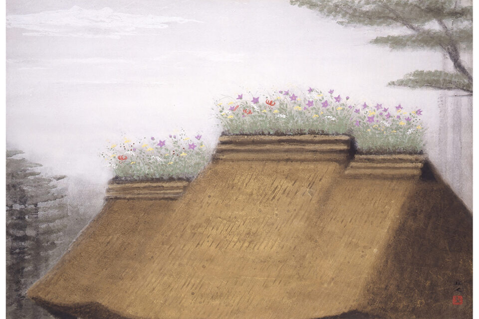 山本丘人 《空に咲く》 1970年　50.0 × 72.7 cm　成川美術館蔵